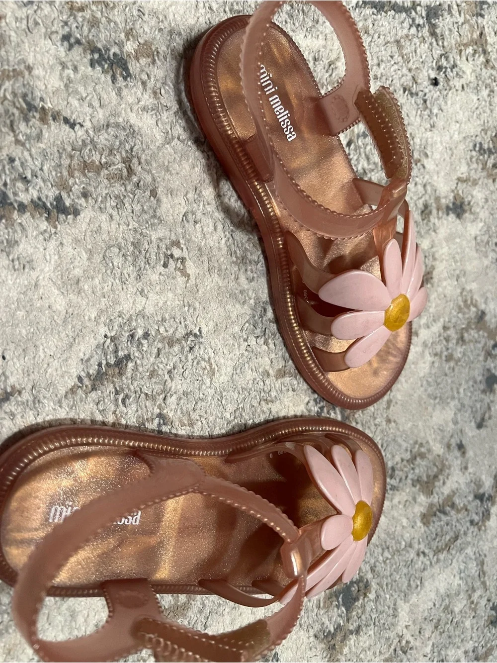 Mini Melissa Copper Jelly Sandals with Pink Daisy and Gold Center; girls 1